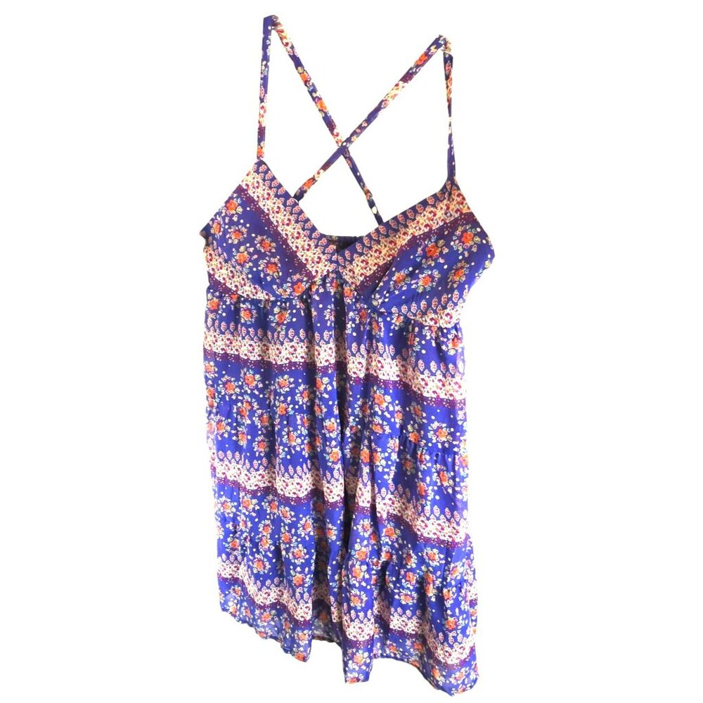 Babydoll Womens Mini Dress Floral Boho Crisscross Back Blue Orange Size M JH1766